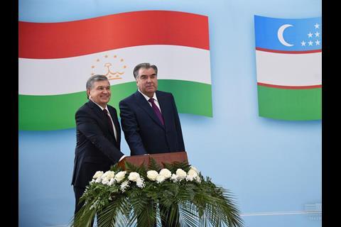 Uzbekistan’s President Shavkat Mirziyoyev and Tajikistan’s President Emomali Rakhmon pressed a button to symbolically launch rail services.